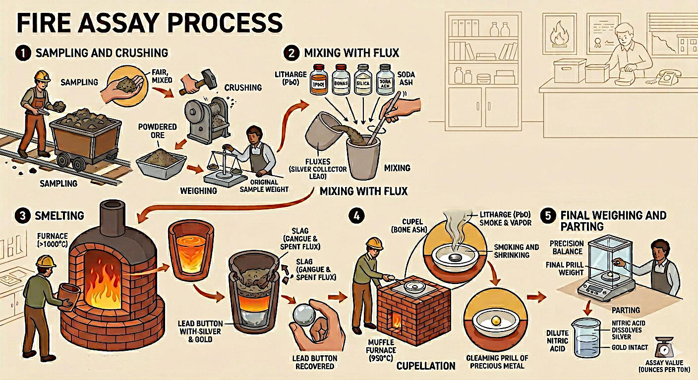 Infographic showing the five stages of fire assay: sampling, mixing with flux, smelting, cupellation, and final weighing.